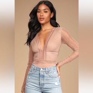 NWT Casita Beige Sheer Lace Long Sleeve Bodysuit